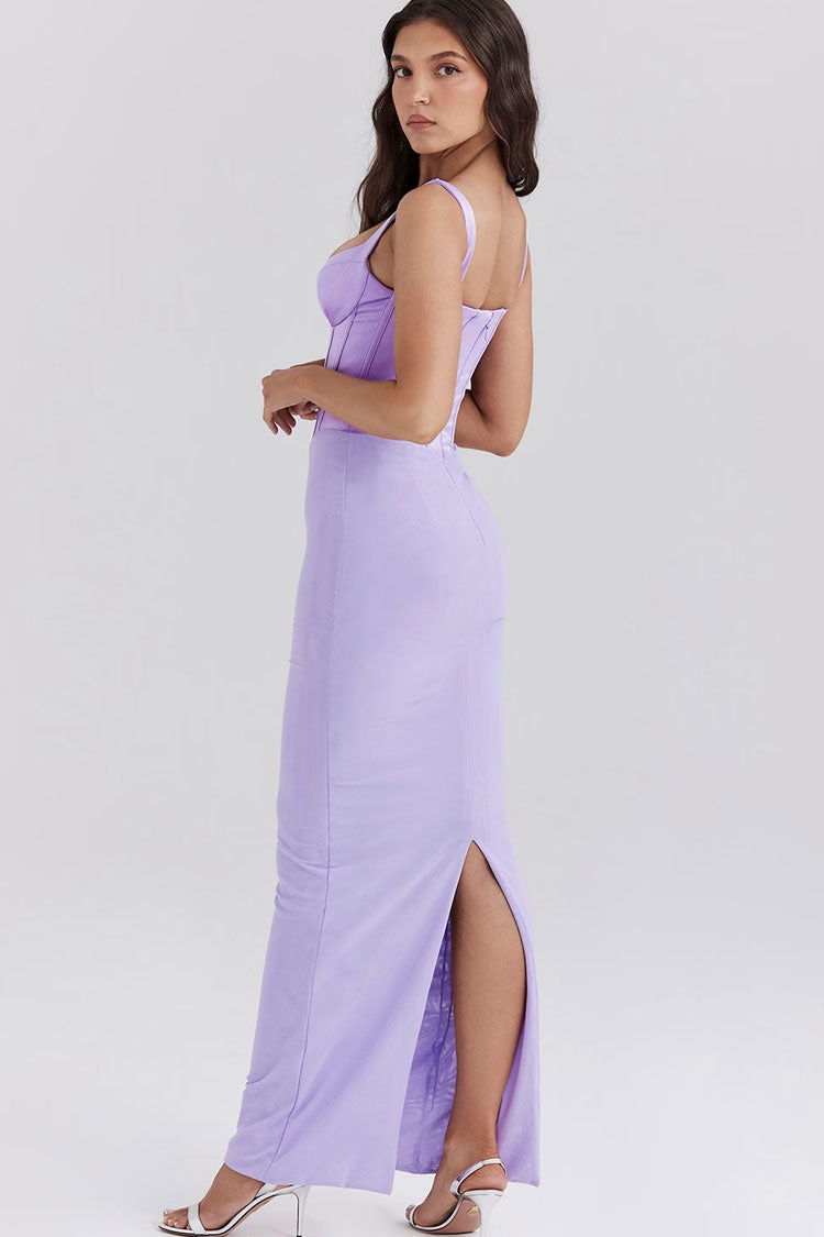 Elegant Bustier Sleeveless Satin Spliced Mesh Bodycon Evening Maxi Dress