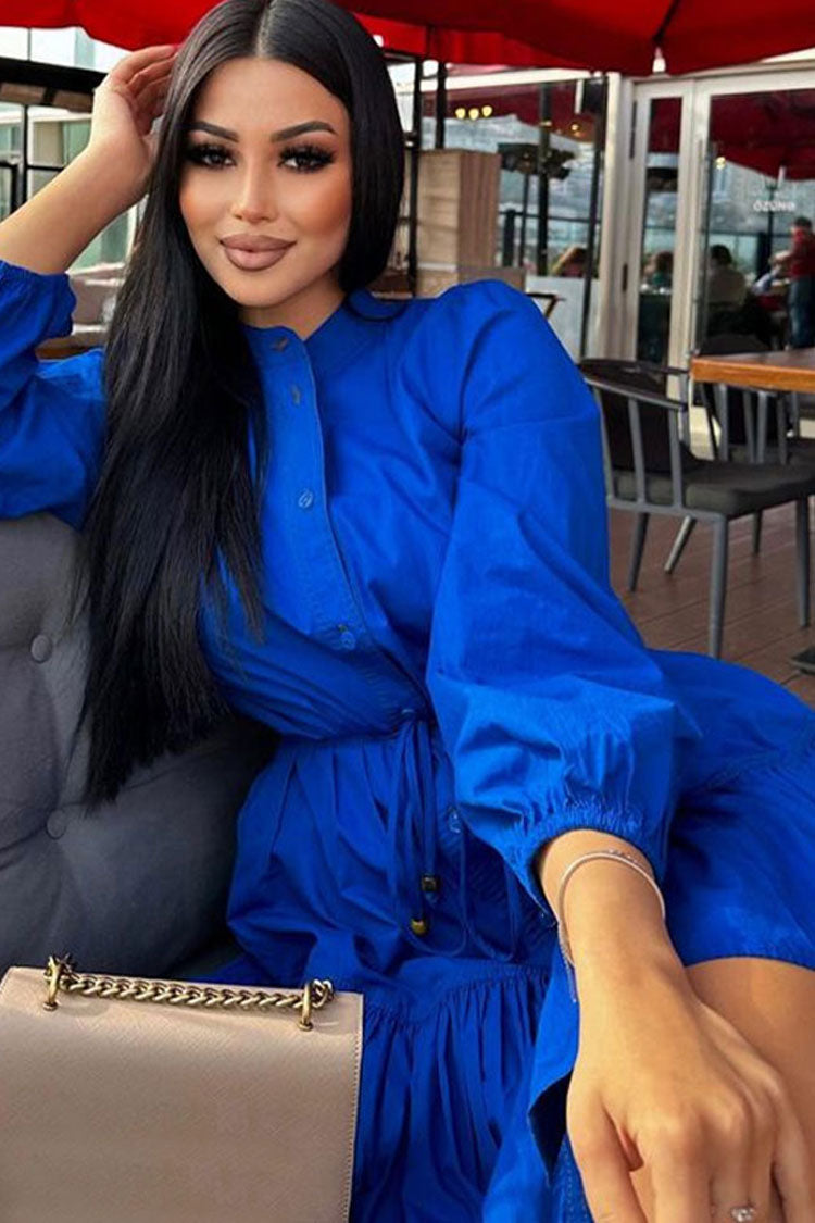 Elegant Button Down Bishop Sleeve A line Ruffle Shirt Mini Dress - Royal Blue  Fashionpara