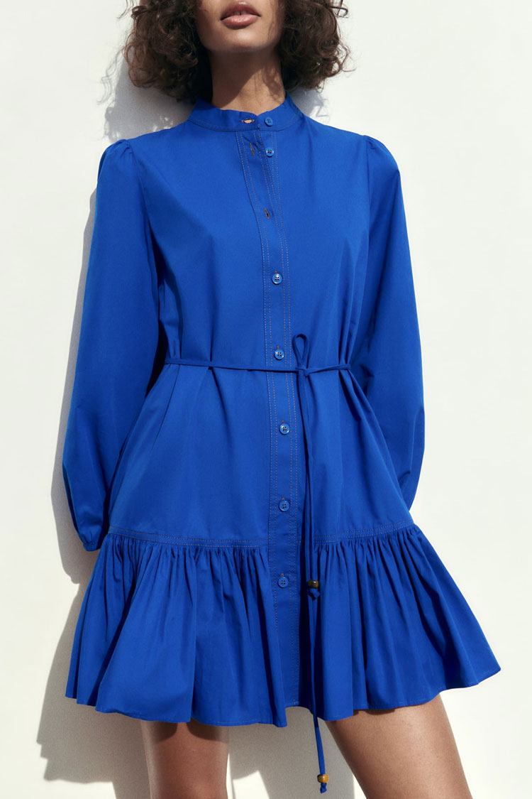 Elegant Button Down Bishop Sleeve A line Ruffle Shirt Mini Dress - Royal Blue  Fashionpara