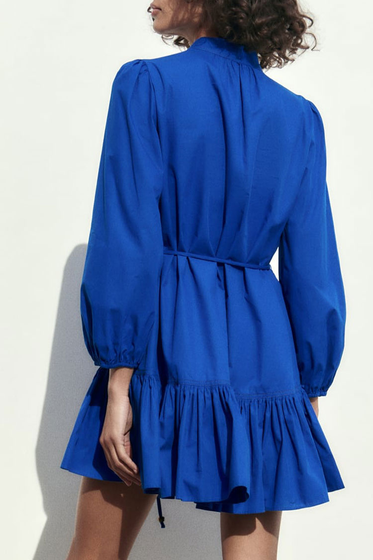 Elegant Button Down Bishop Sleeve A line Ruffle Shirt Mini Dress - Royal Blue  Fashionpara