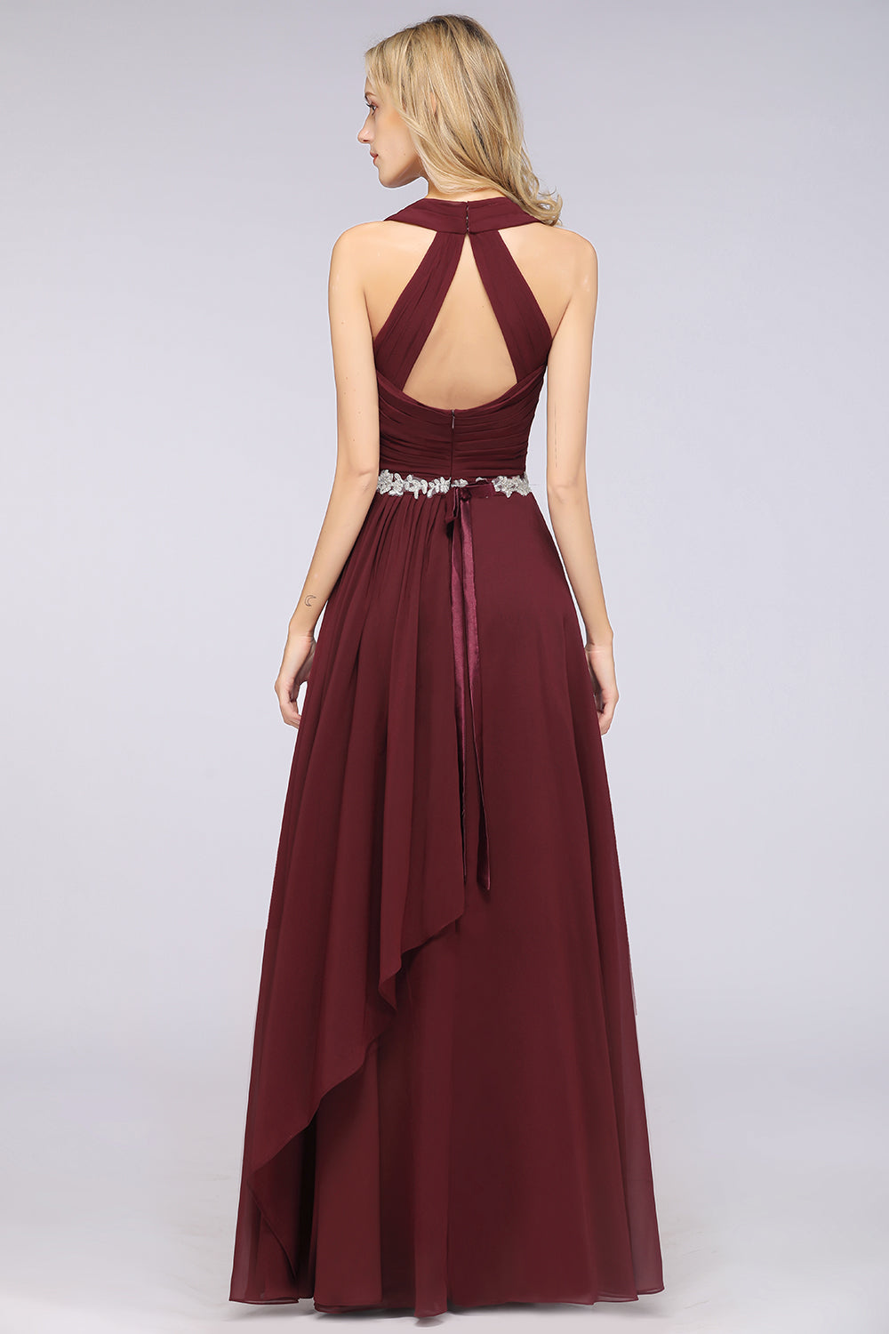 Elegant Chiffon Halter V-Neck Ruffle Bridesmaid Dresses with Appliques Sashes - Fashionpara