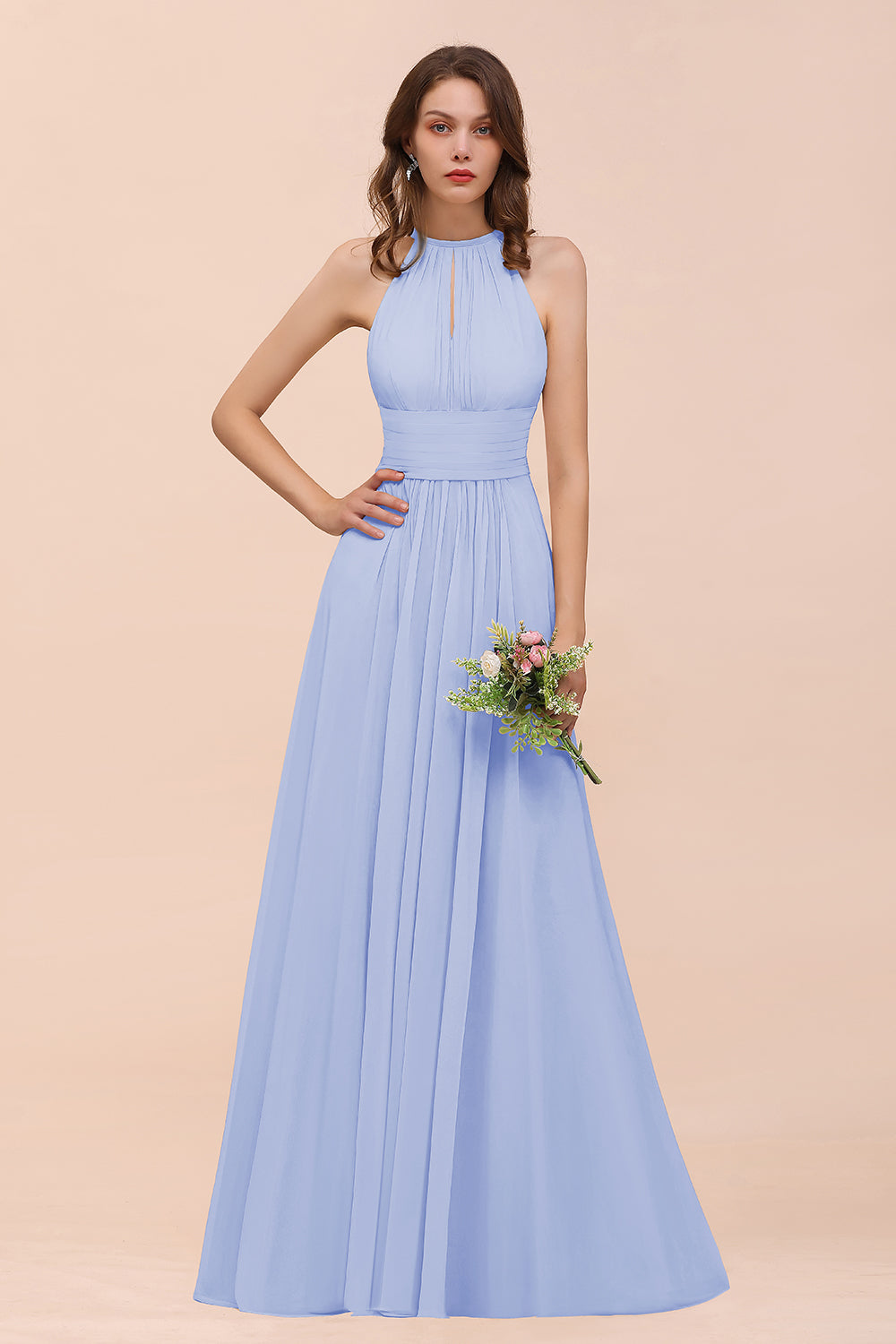 Elegant Chiffon Jewel Ruffle Champagne Affordable Bridesmaid Dresses - Fashionpara
