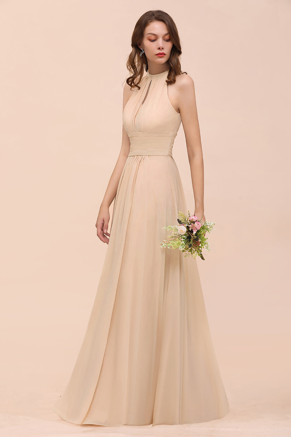 Elegant Chiffon Jewel Ruffle Champagne Affordable Bridesmaid Dresses