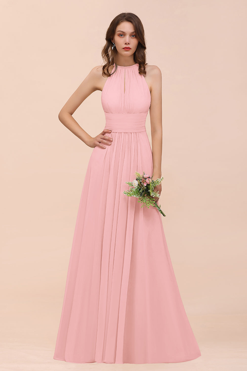 Elegant Chiffon Jewel Ruffle Champagne Affordable Bridesmaid Dresses - Fashionpara