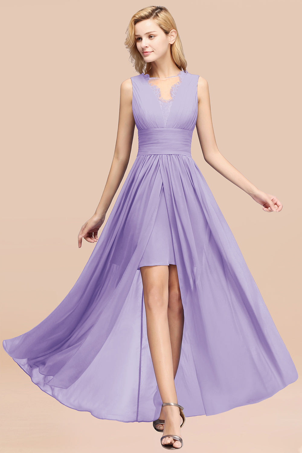 Elegant Chiffon Lace Jewel Sleeveless Bridesmaid Dresses with Ruffle - Fashionpara
