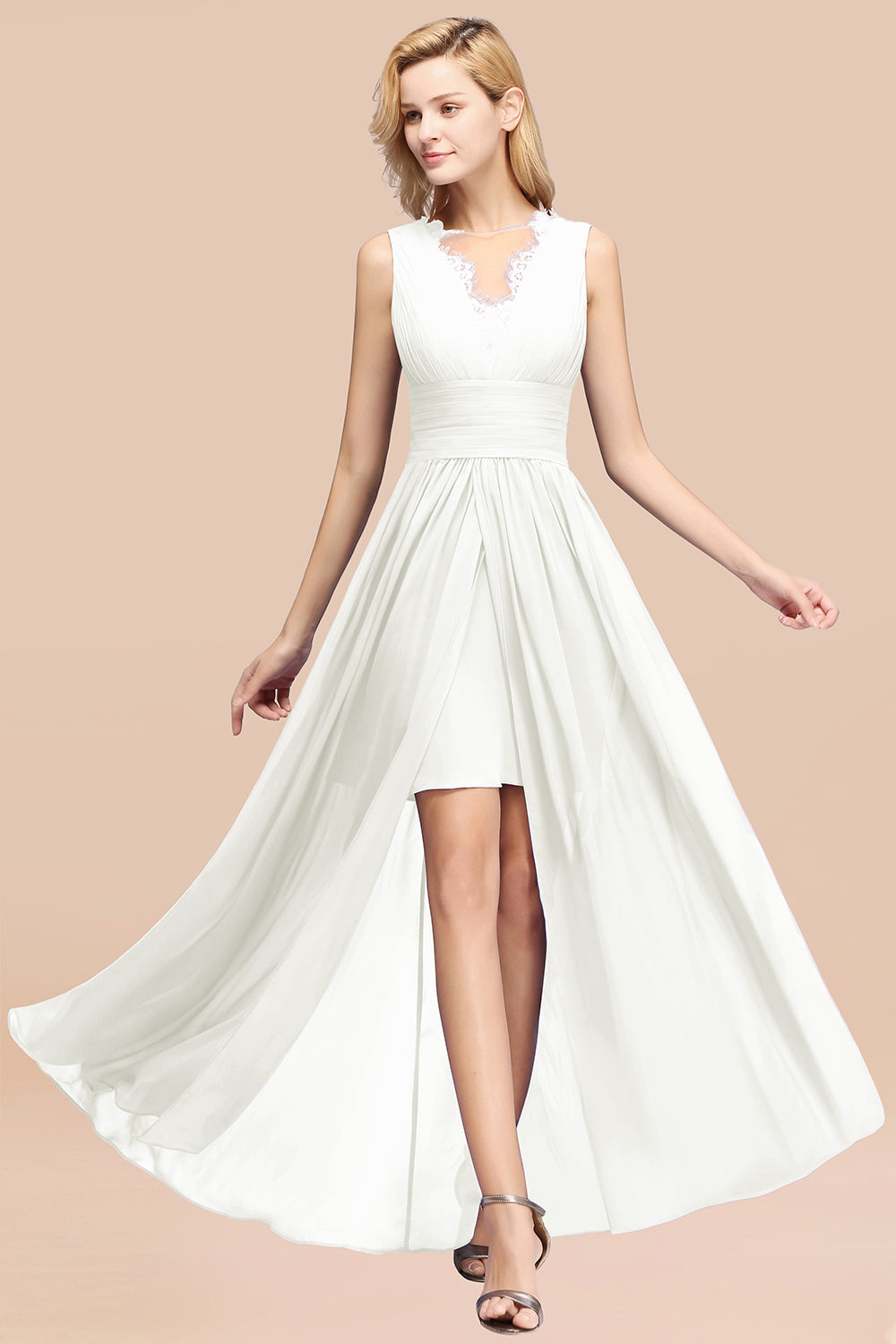 Elegant Chiffon Lace Jewel Sleeveless Bridesmaid Dresses with Ruffle - Fashionpara