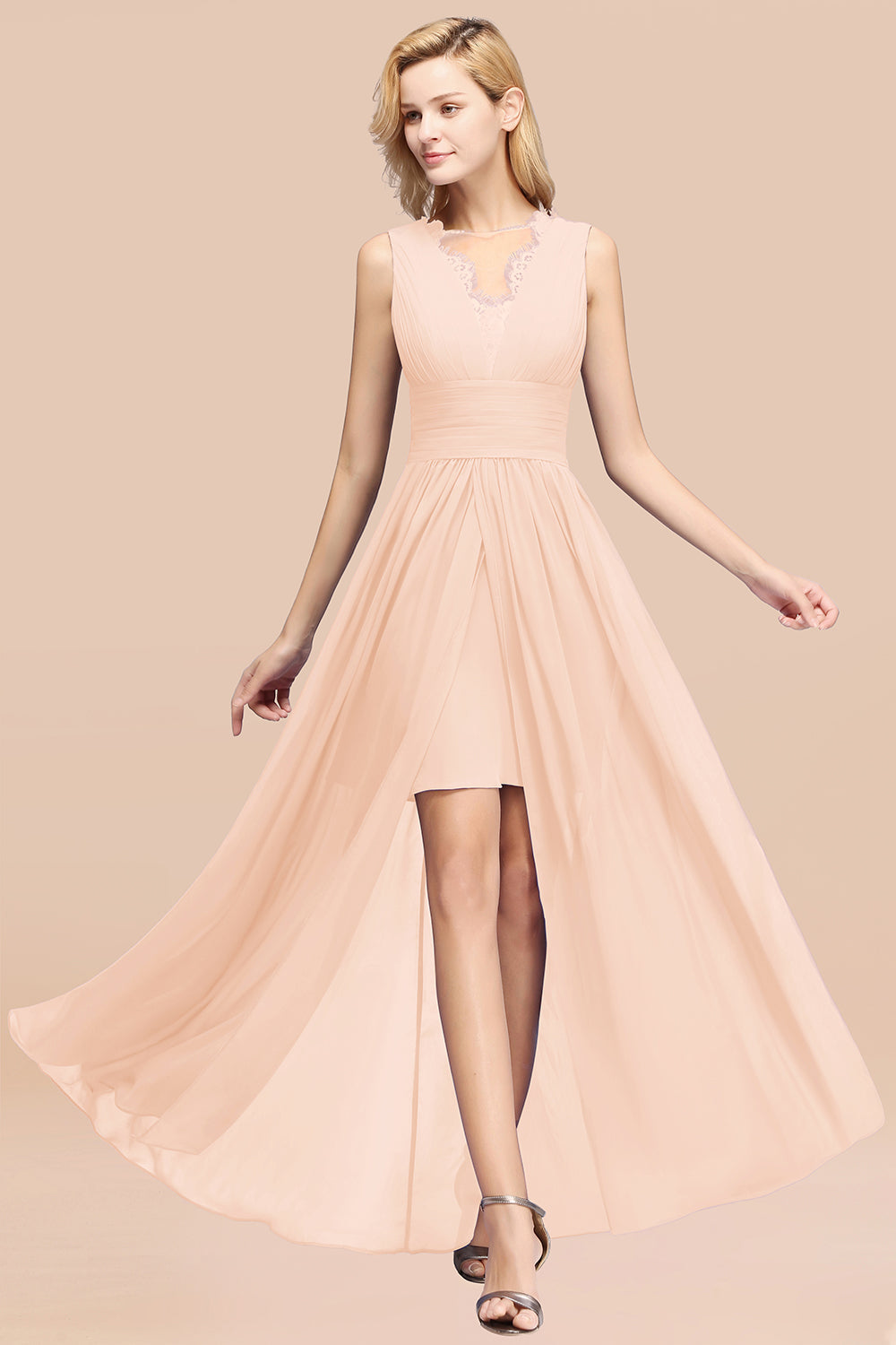 Elegant Chiffon Lace Jewel Sleeveless Bridesmaid Dresses with Ruffle - Fashionpara