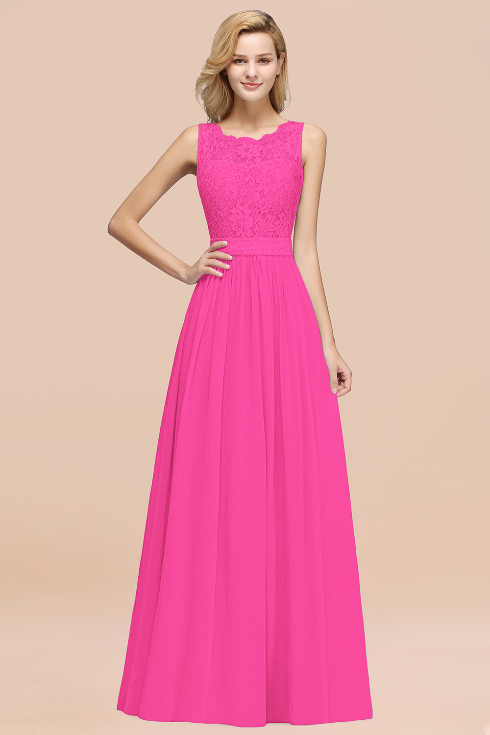 Elegant Chiffon Lace Scalloped Sleeveless Ruffle Bridesmaid dresses - Fashionpara