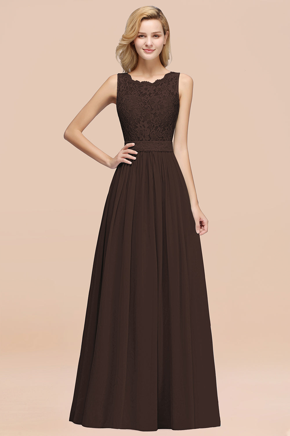Elegant Chiffon Lace Scalloped Sleeveless Ruffle Bridesmaid dresses - Fashionpara