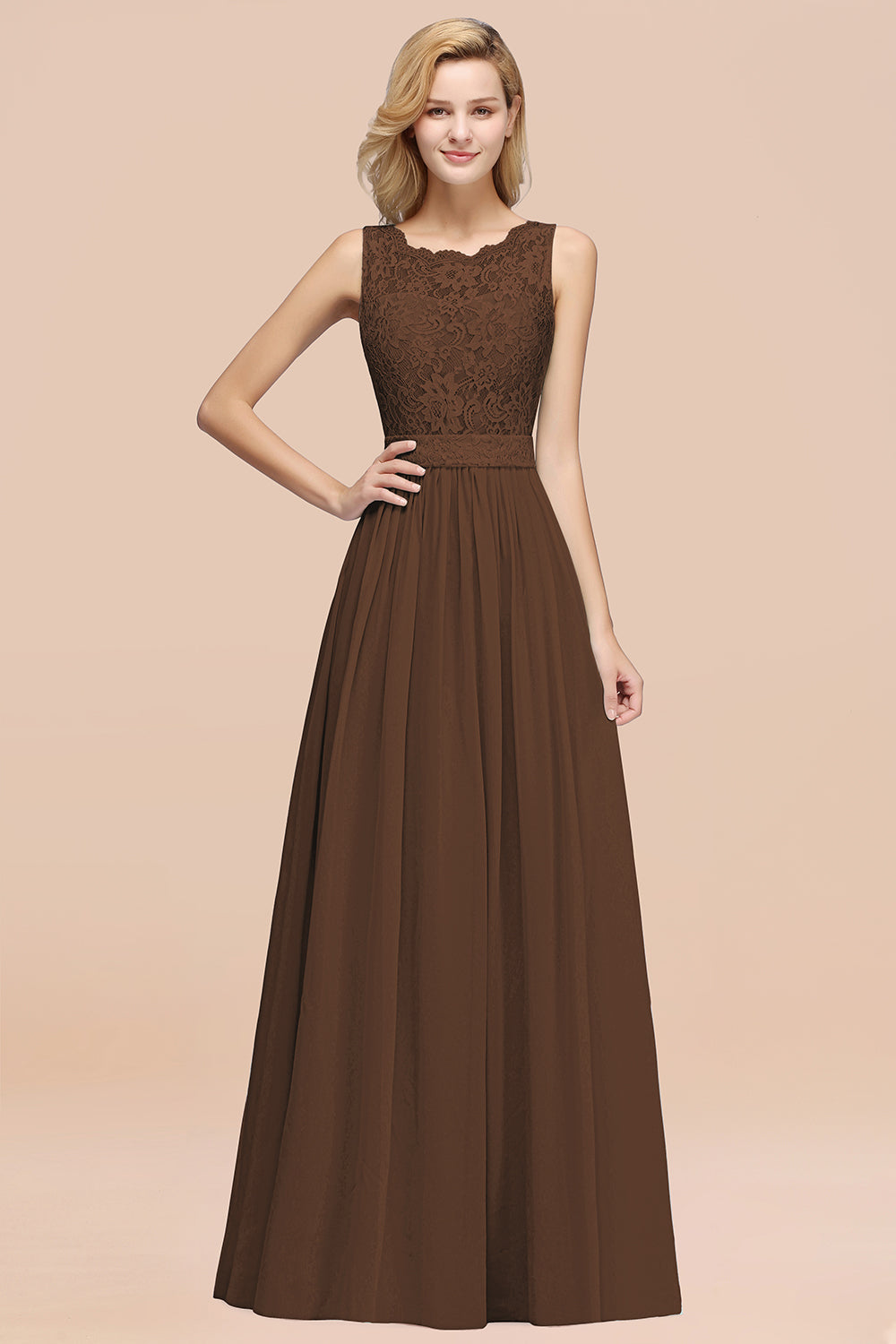 Elegant Chiffon Lace Scalloped Sleeveless Ruffle Bridesmaid dresses - Fashionpara