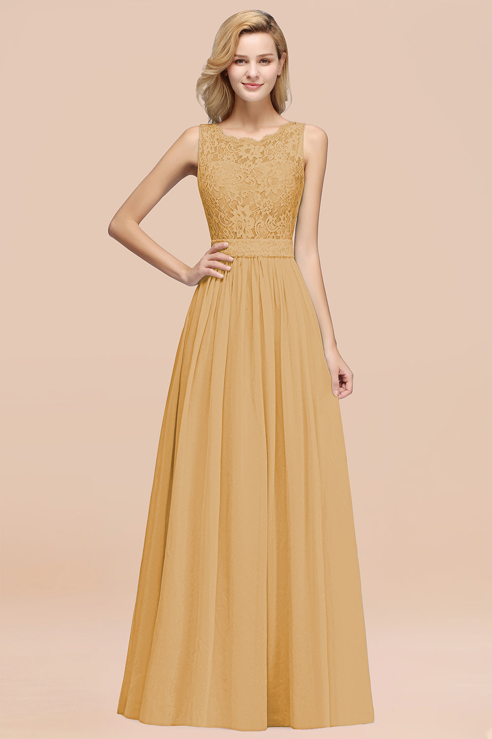 Elegant Chiffon Lace Scalloped Sleeveless Ruffle Bridesmaid dresses - Fashionpara