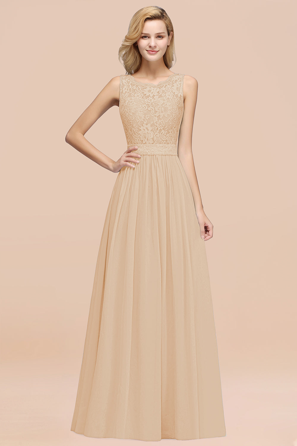 Elegant Chiffon Lace Scalloped Sleeveless Ruffle Bridesmaid dresses - Fashionpara
