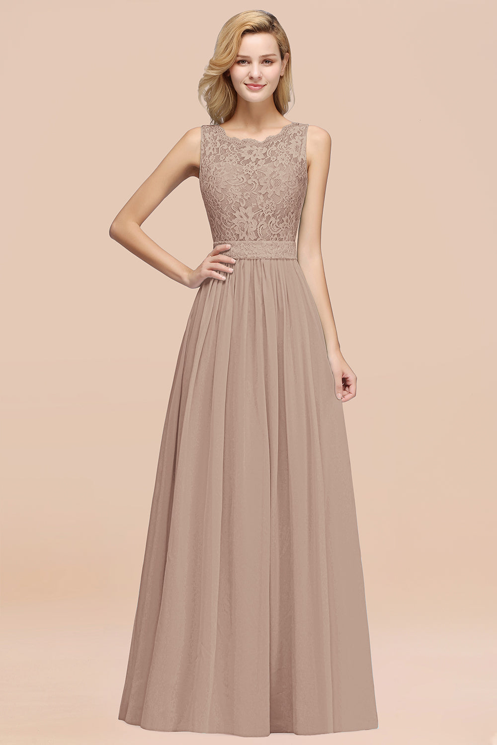 Elegant Chiffon Lace Scalloped Sleeveless Ruffle Bridesmaid dresses - Fashionpara