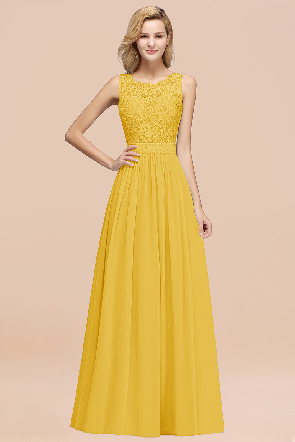 Elegant Chiffon Lace Scalloped Sleeveless Ruffle Bridesmaid dresses - Fashionpara