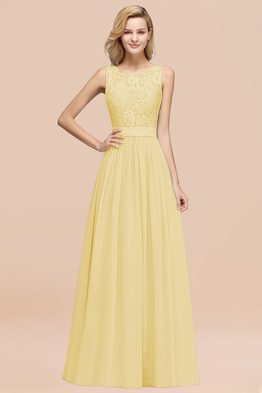 Elegant Chiffon Lace Scalloped Sleeveless Ruffle Bridesmaid dresses - Fashionpara