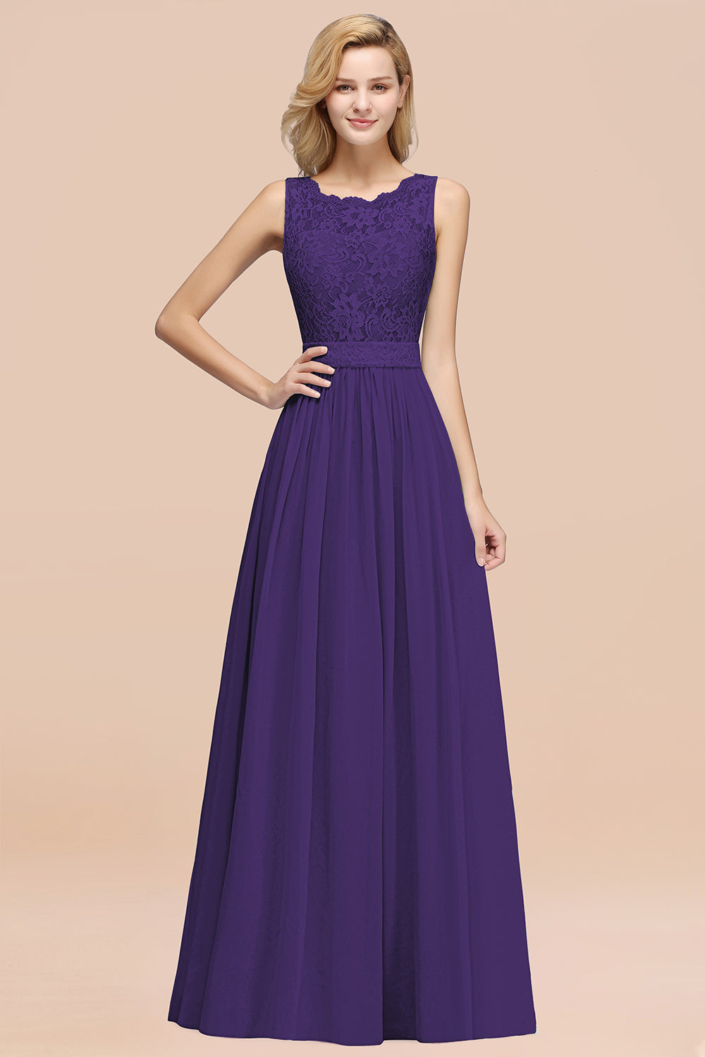 Elegant Chiffon Lace Scalloped Sleeveless Ruffle Bridesmaid dresses - Fashionpara