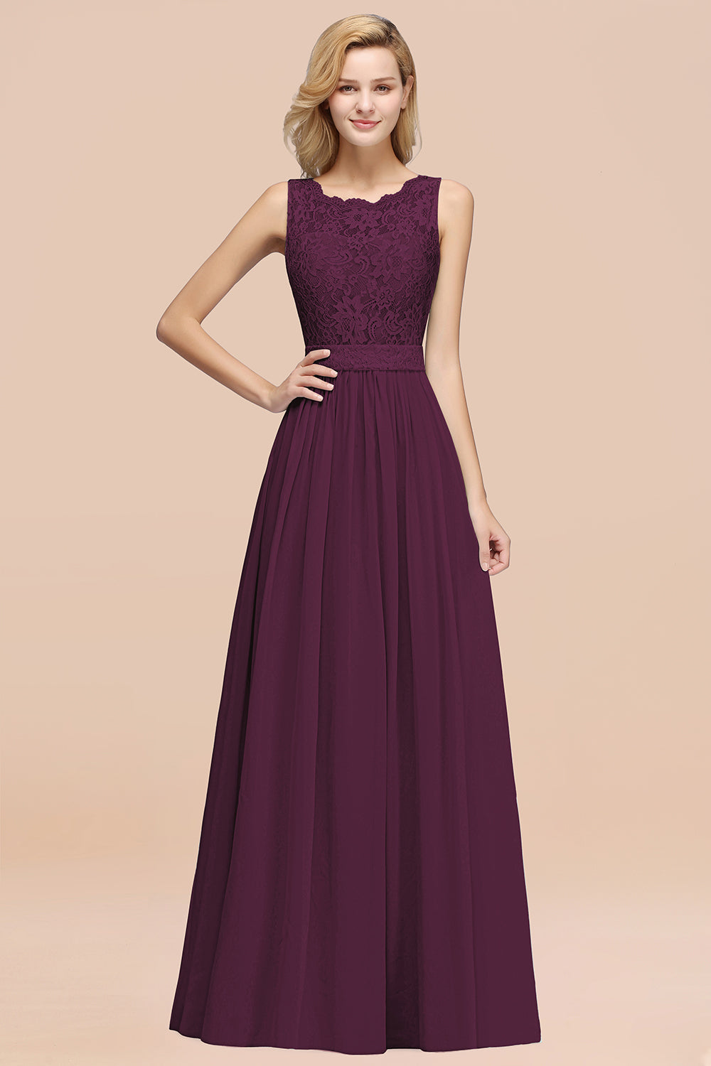 Elegant Chiffon Lace Scalloped Sleeveless Ruffle Bridesmaid dresses - Fashionpara