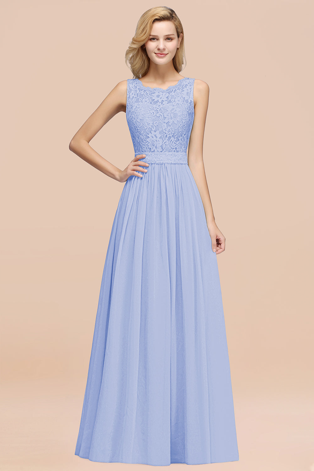 Elegant Chiffon Lace Scalloped Sleeveless Ruffle Bridesmaid dresses - Fashionpara