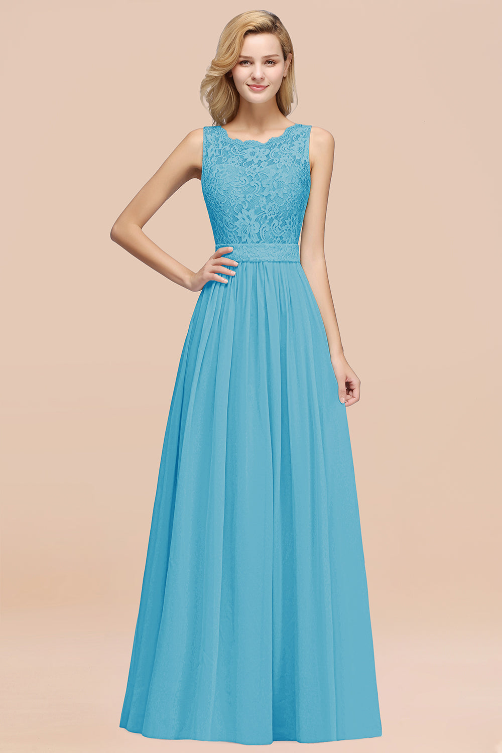 Elegant Chiffon Lace Scalloped Sleeveless Ruffle Bridesmaid dresses - Fashionpara