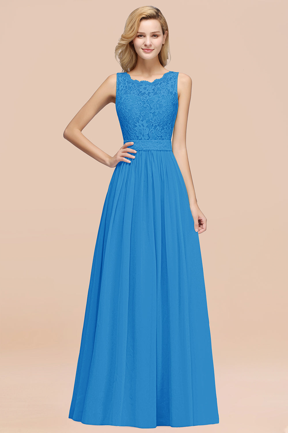 Elegant Chiffon Lace Scalloped Sleeveless Ruffle Bridesmaid dresses - Fashionpara