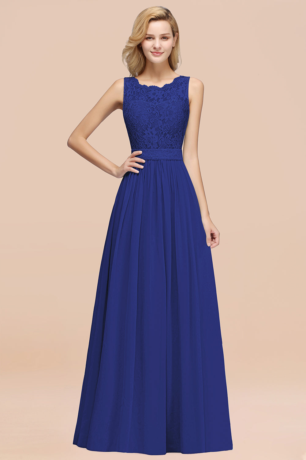 Elegant Chiffon Lace Scalloped Sleeveless Ruffle Bridesmaid dresses - Fashionpara