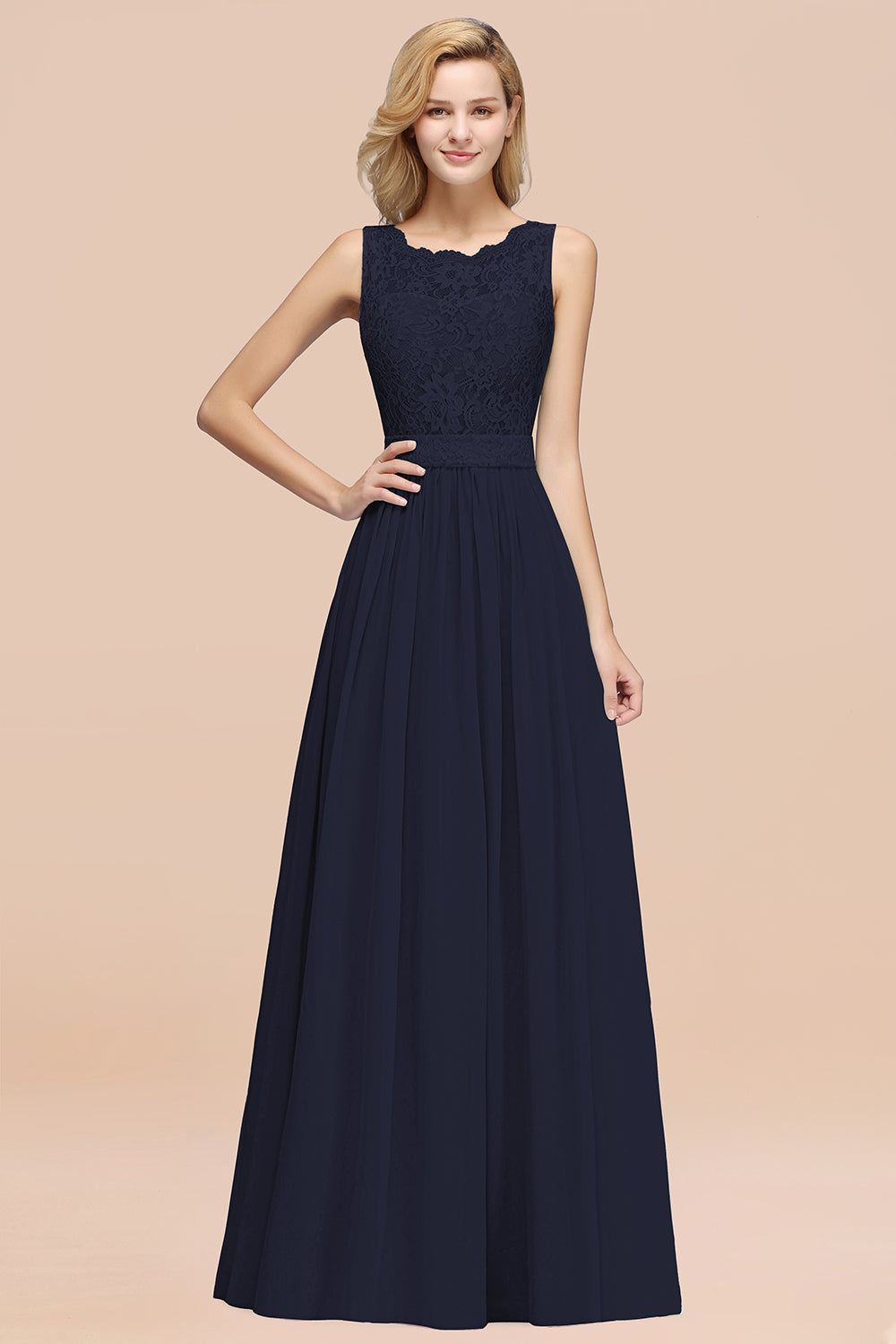 Elegant Chiffon Lace Scalloped Sleeveless Ruffle Bridesmaid dresses - Fashionpara