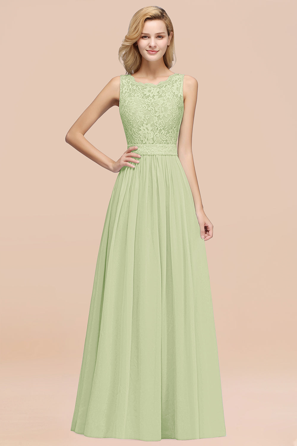 Elegant Chiffon Lace Scalloped Sleeveless Ruffle Bridesmaid dresses - Fashionpara