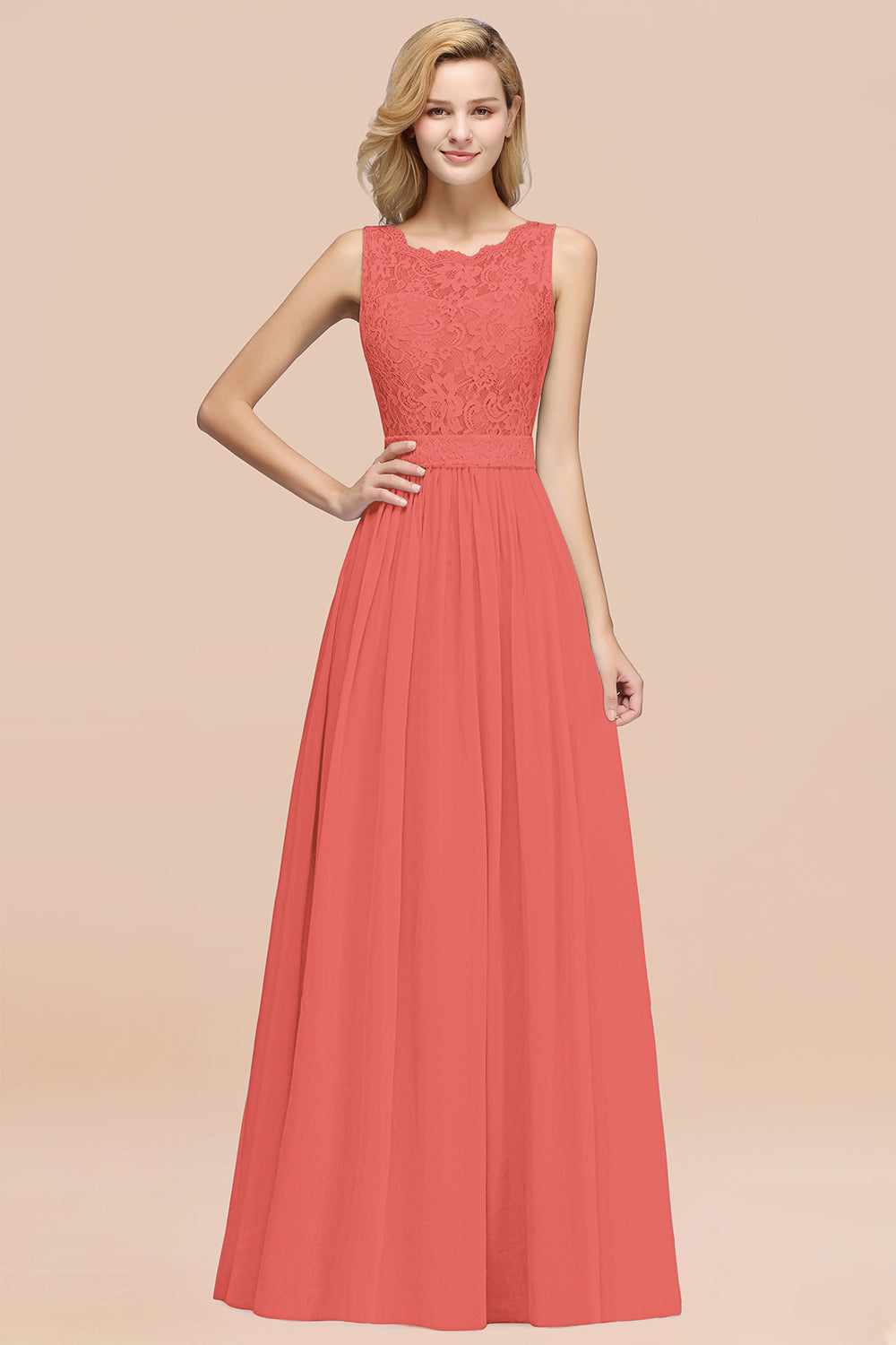 Elegant Chiffon Lace Scalloped Sleeveless Ruffle Bridesmaid dresses - Fashionpara