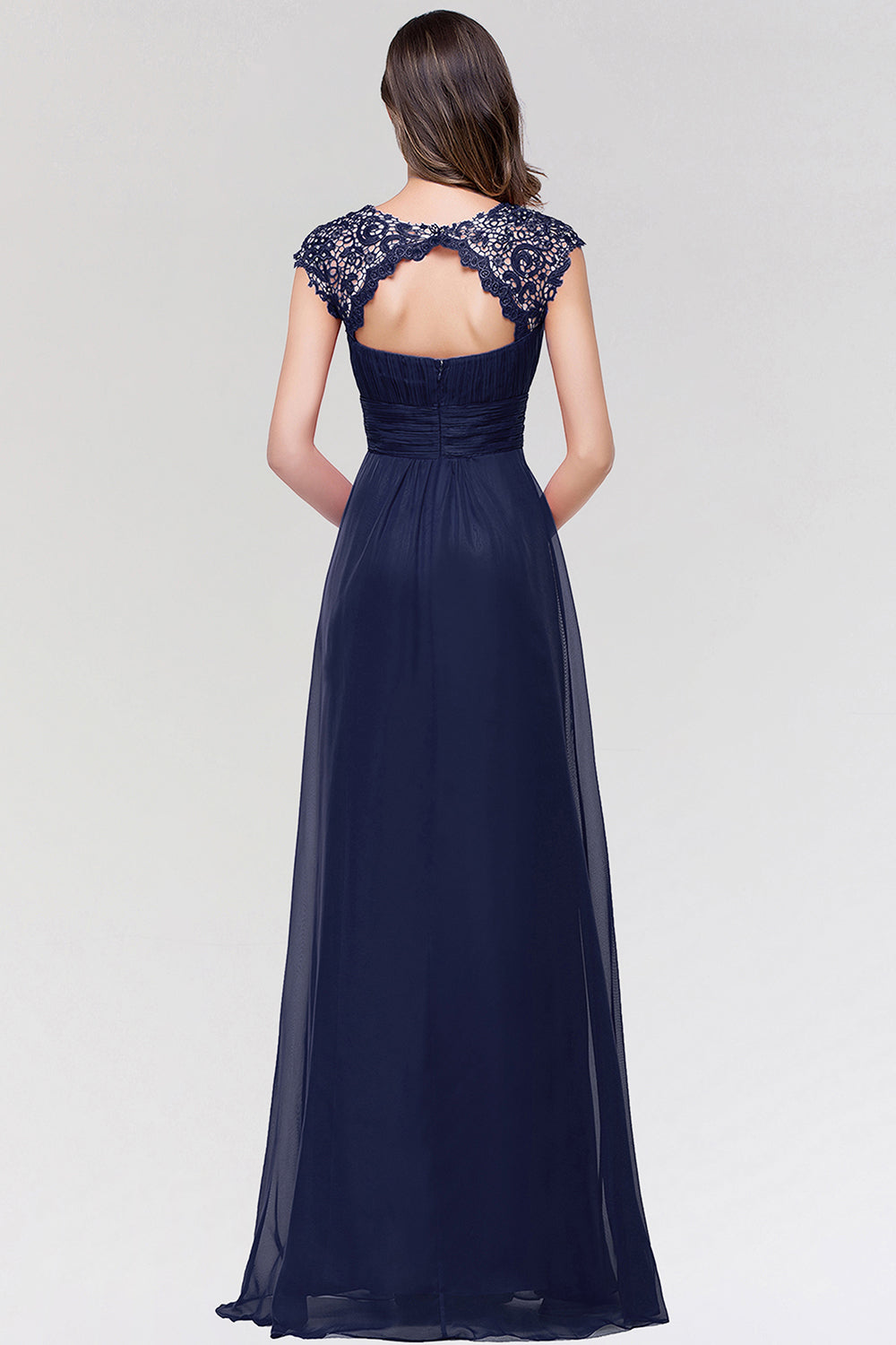 Elegant Chiffon Pleated Navy Lace Bridesmaid Dresses with Keyhole Back - Fashionpara