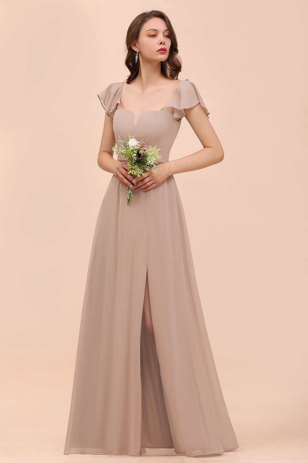 Elegant Chiffon Slit Affordable Bridesmaid dresses with  Short Sleeves - Fashionpara