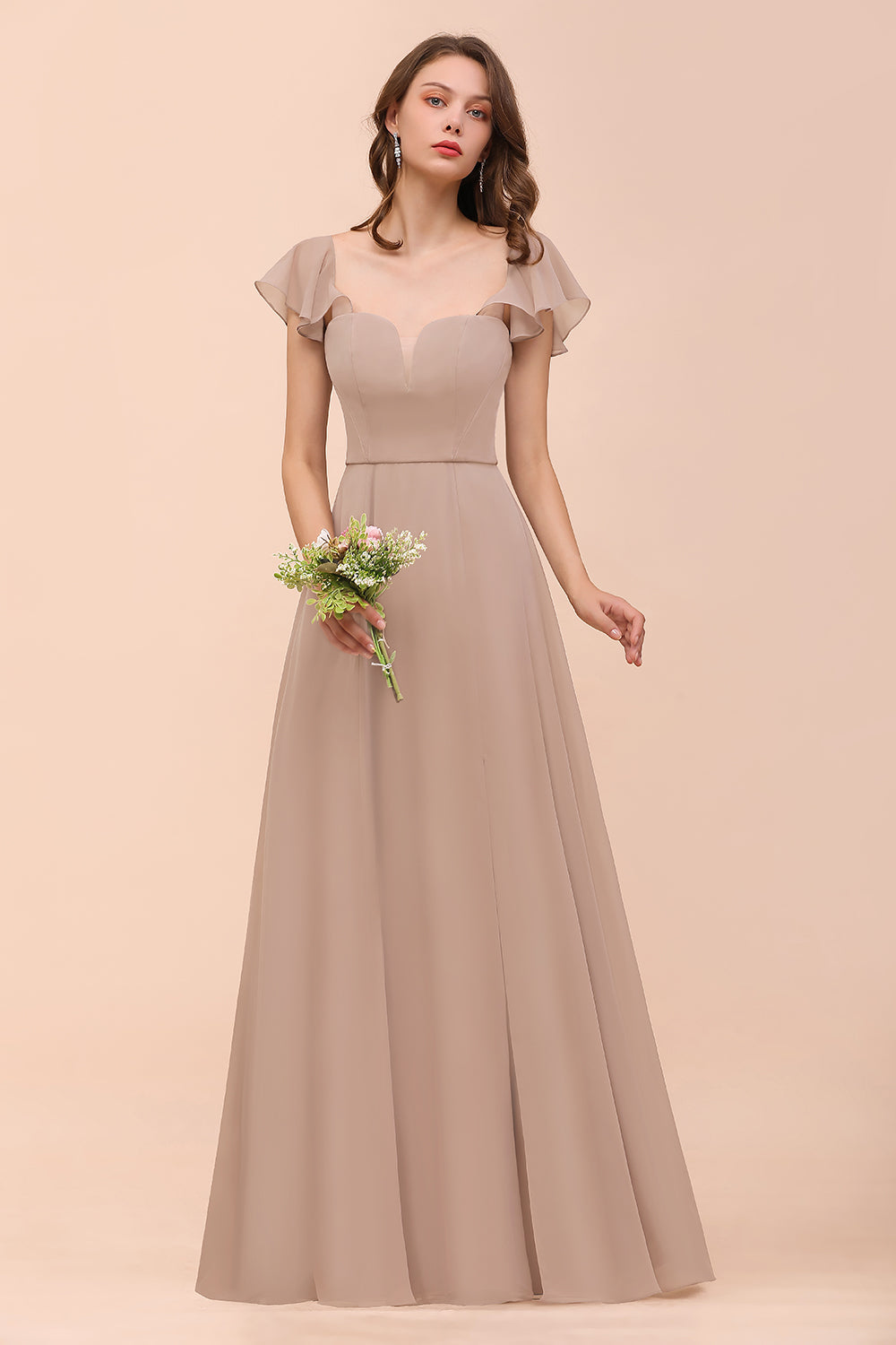 Elegant Chiffon Slit Affordable Bridesmaid dresses with  Short Sleeves - Fashionpara