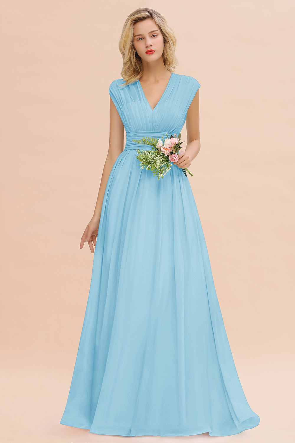 Elegant Chiffon V-Neck Ruffle Long Bridesmaid dresses Affordable - Fashionpara
