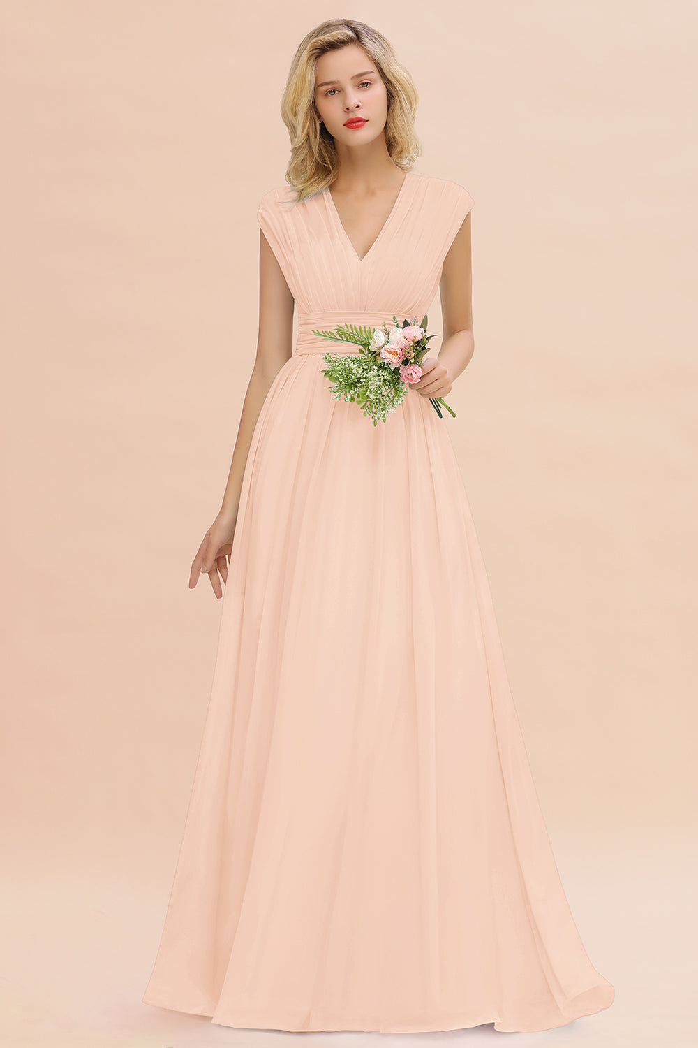 Elegant Chiffon V-Neck Ruffle Long Bridesmaid dresses Affordable - Fashionpara
