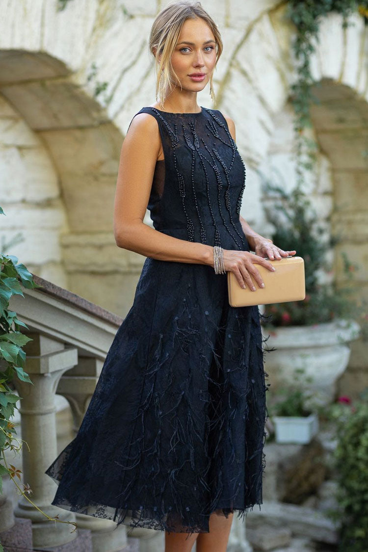 Beaded Crew Neck Sleeveless Feather Hem Fit and Flare Midi Dress