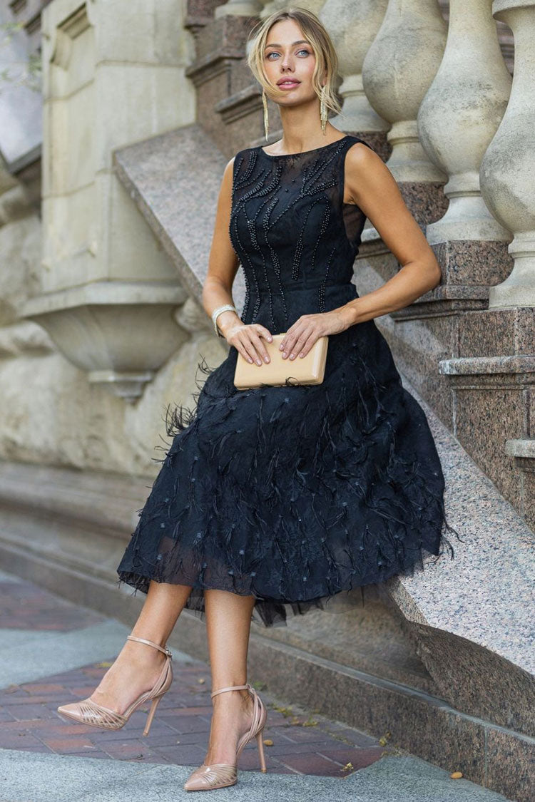 Beaded Crew Neck Sleeveless Feather Hem Fit and Flare Midi Dress - View 3