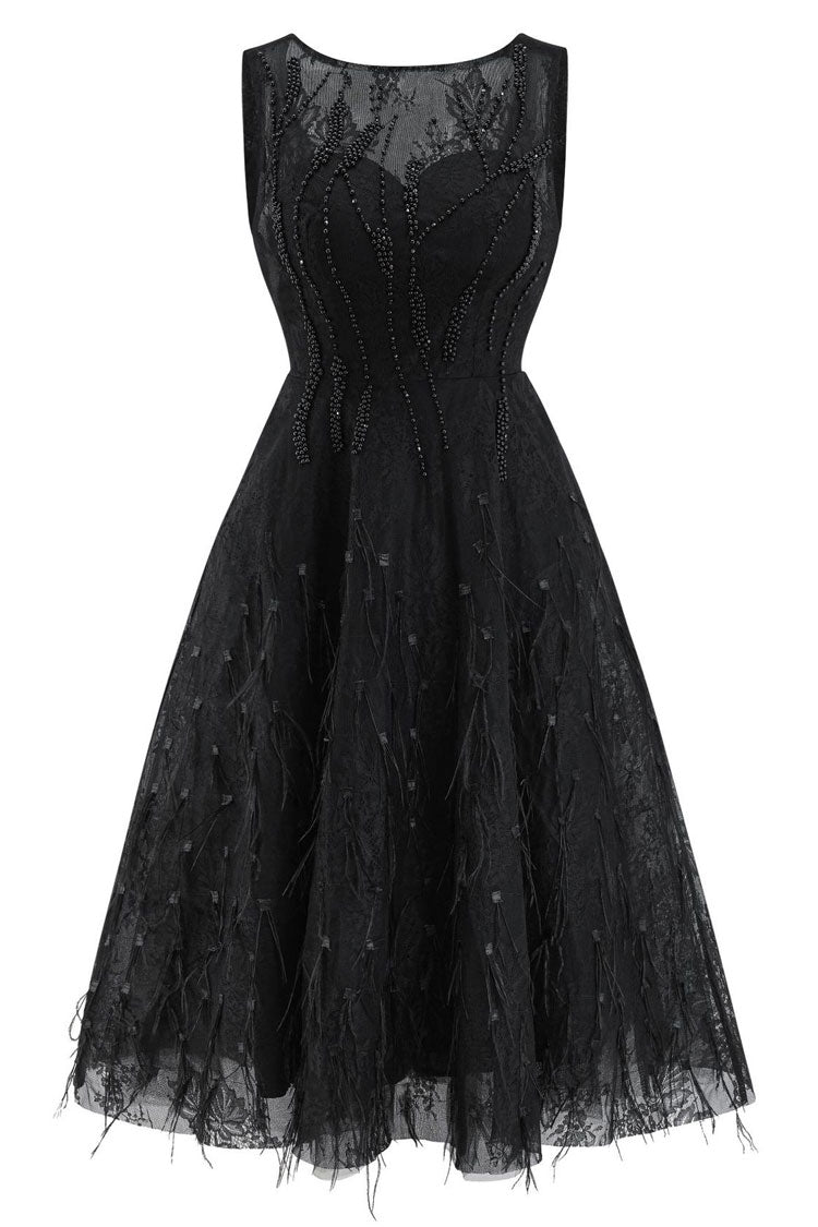 Beaded Crew Neck Sleeveless Feather Hem Fit and Flare Midi Dress - View 4
