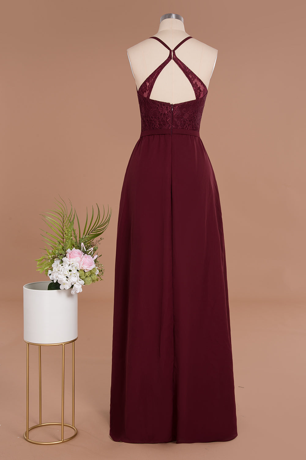 Elegant CrissCross Back Burgundy Lace Bridesmaid Dresses With Spaghetti Straps - Fashionpara