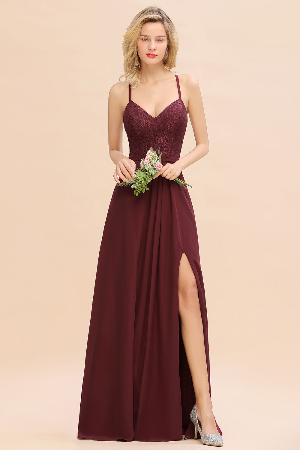 Elegant CrissCross Back Burgundy Lace Bridesmaid Dresses With Spaghetti Straps - Fashionpara