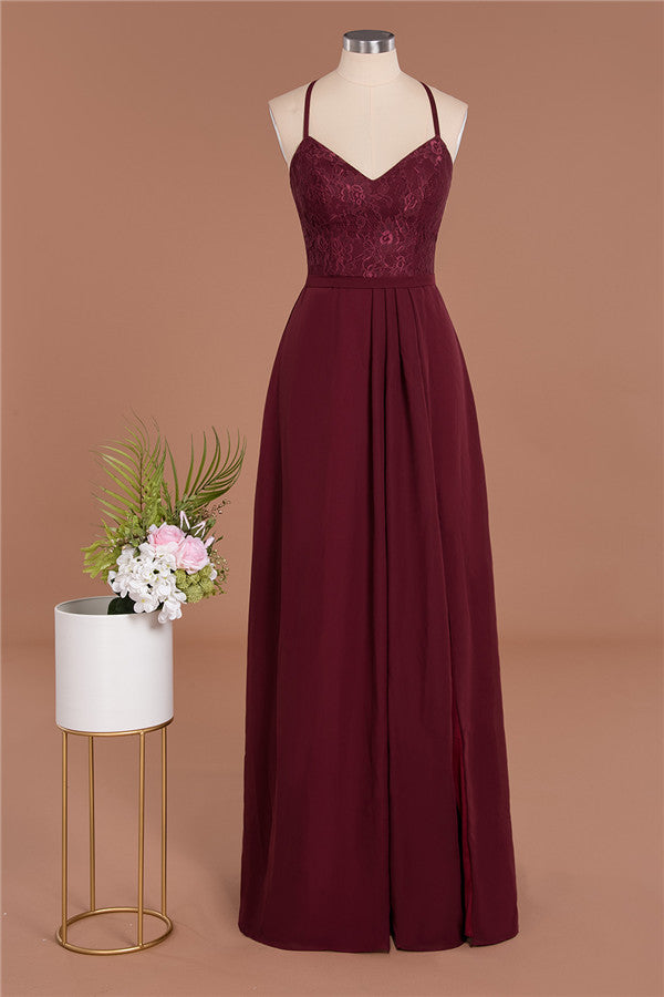 Elegant CrissCross Back Burgundy Lace Bridesmaid Dresses With Spaghetti Straps - Fashionpara