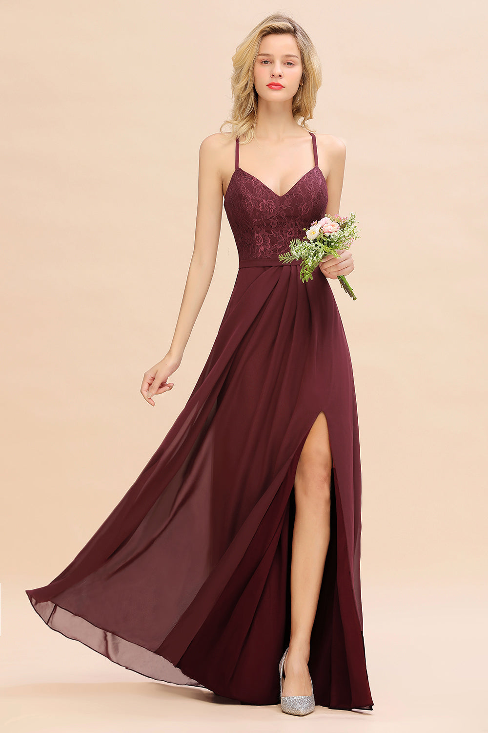 Elegant CrissCross Back Burgundy Lace Bridesmaid Dresses With Spaghetti Straps - Fashionpara