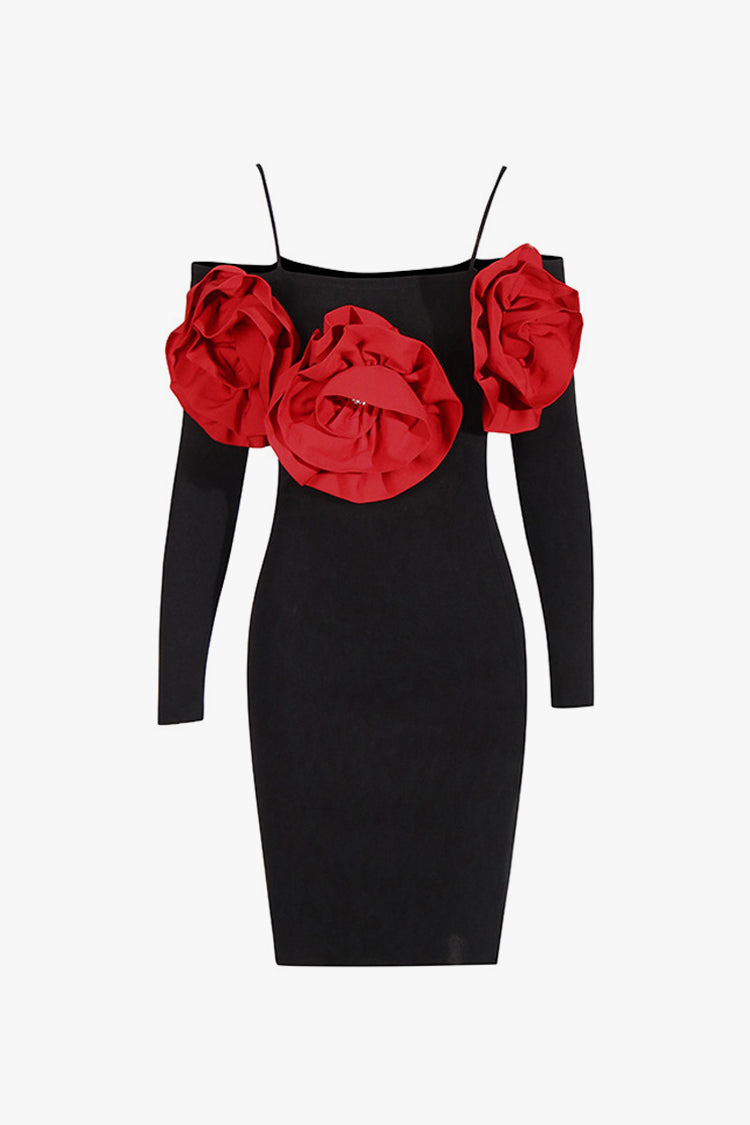 Elegant Crystal Rosette Cold Shoulder Sheath Sweater Party Mini Dress - Fashionpara