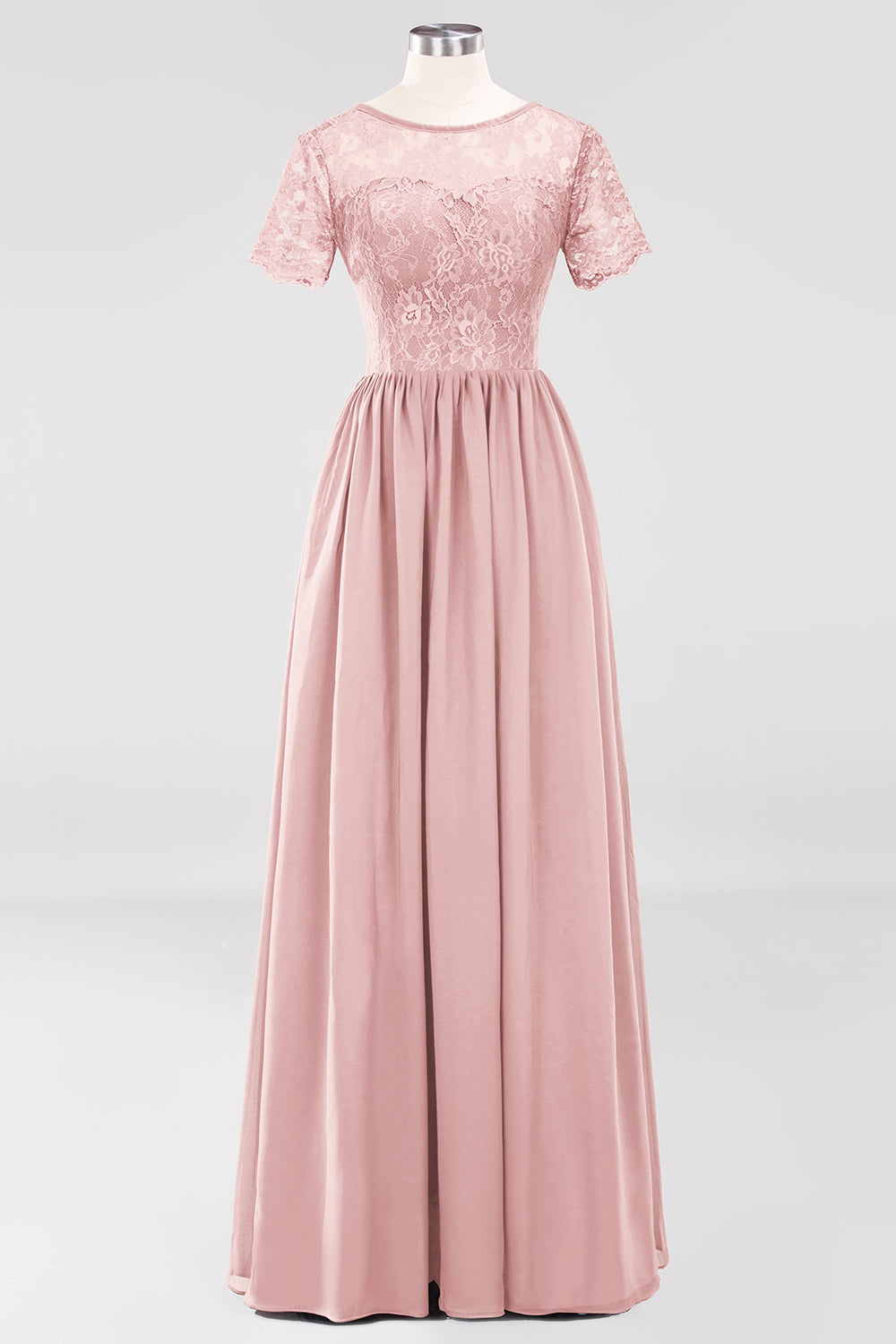 Elegant Dark Navy Long Lace Bridesmaid dresses with Short-Sleeves - Fashionpara
