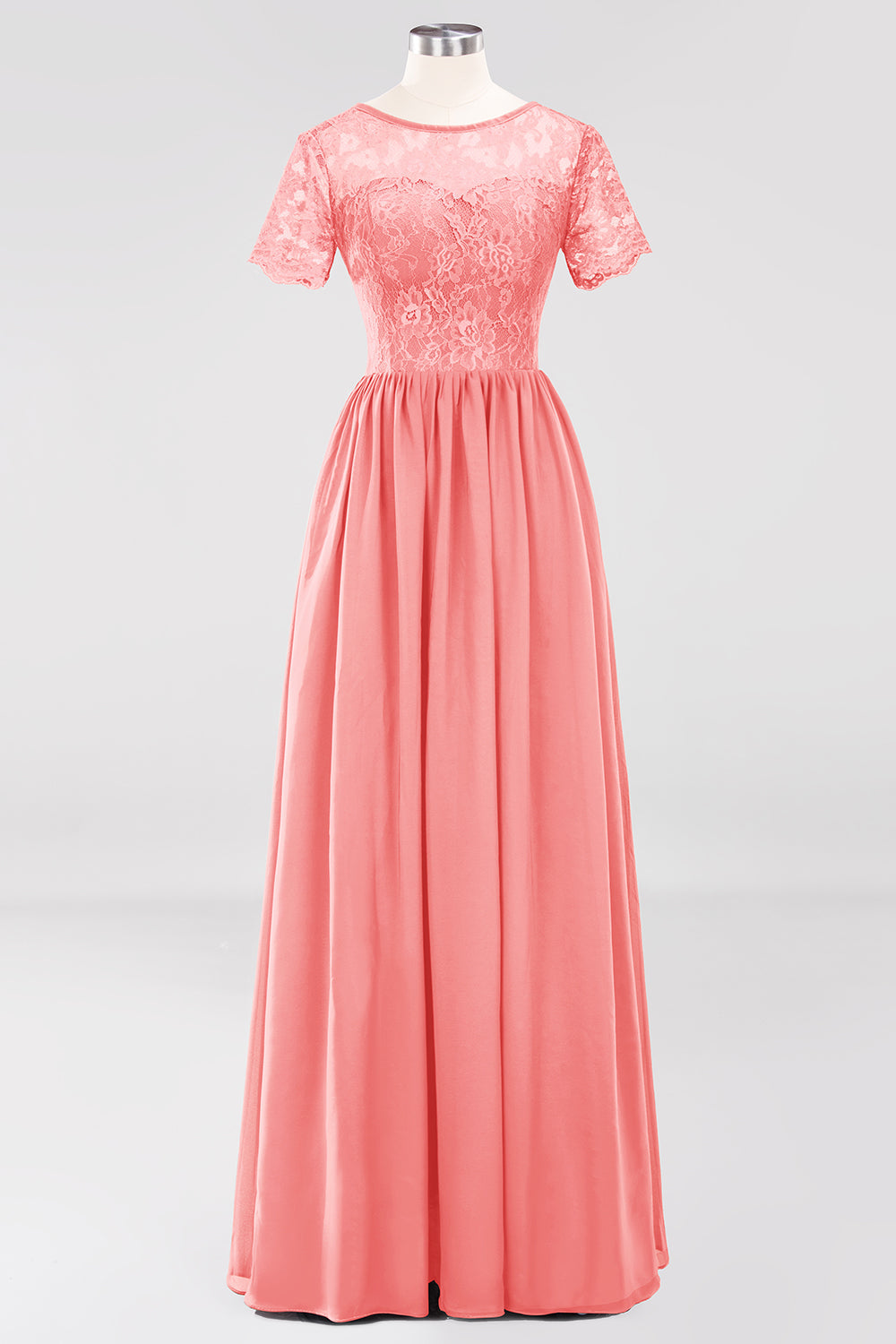Elegant Dark Navy Long Lace Bridesmaid dresses with Short-Sleeves - Fashionpara