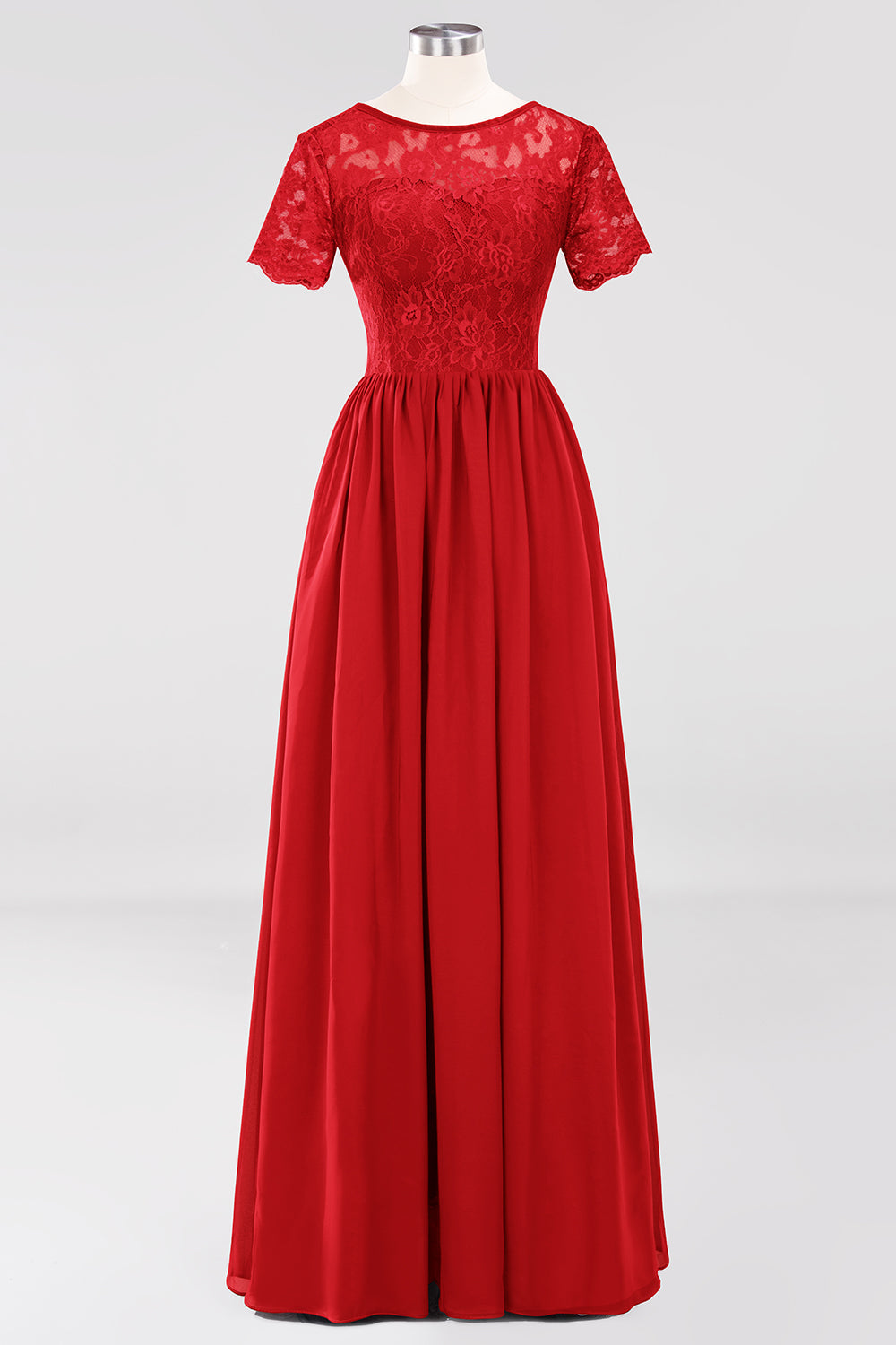 Elegant Dark Navy Long Lace Bridesmaid dresses with Short-Sleeves - Fashionpara