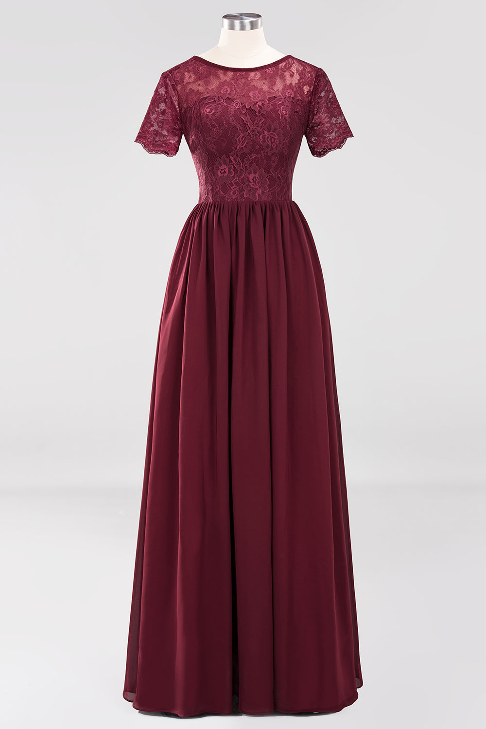 Elegant Dark Navy Long Lace Bridesmaid dresses with Short-Sleeves - Fashionpara