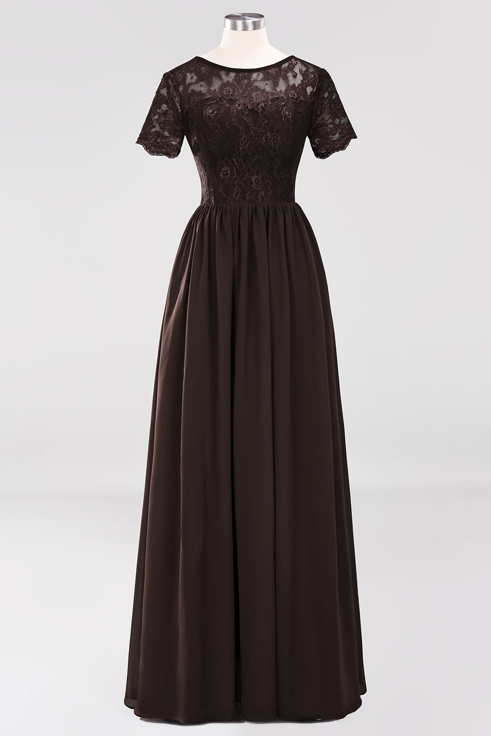 Elegant Dark Navy Long Lace Bridesmaid dresses with Short-Sleeves - Fashionpara