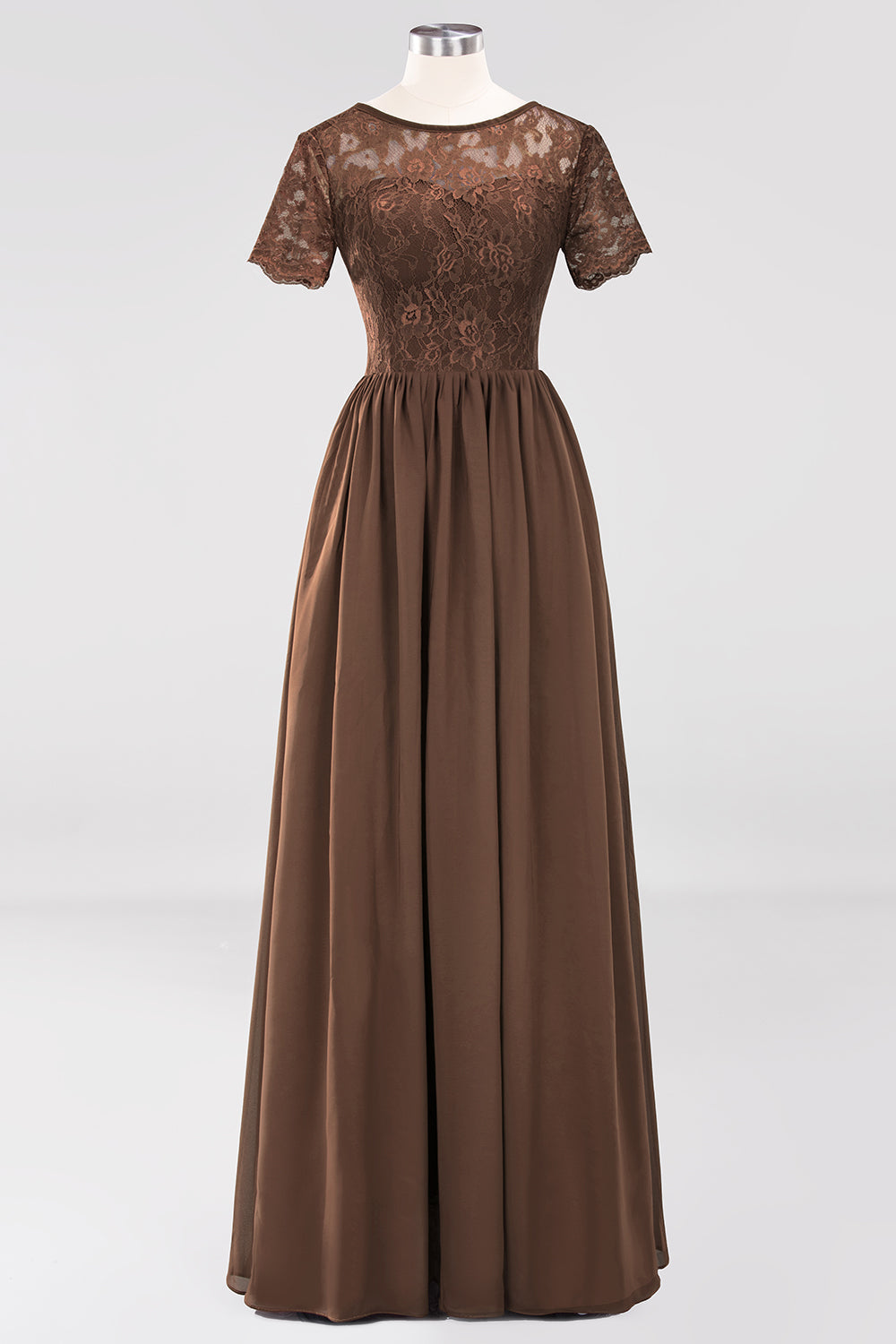 Elegant Dark Navy Long Lace Bridesmaid dresses with Short-Sleeves - Fashionpara