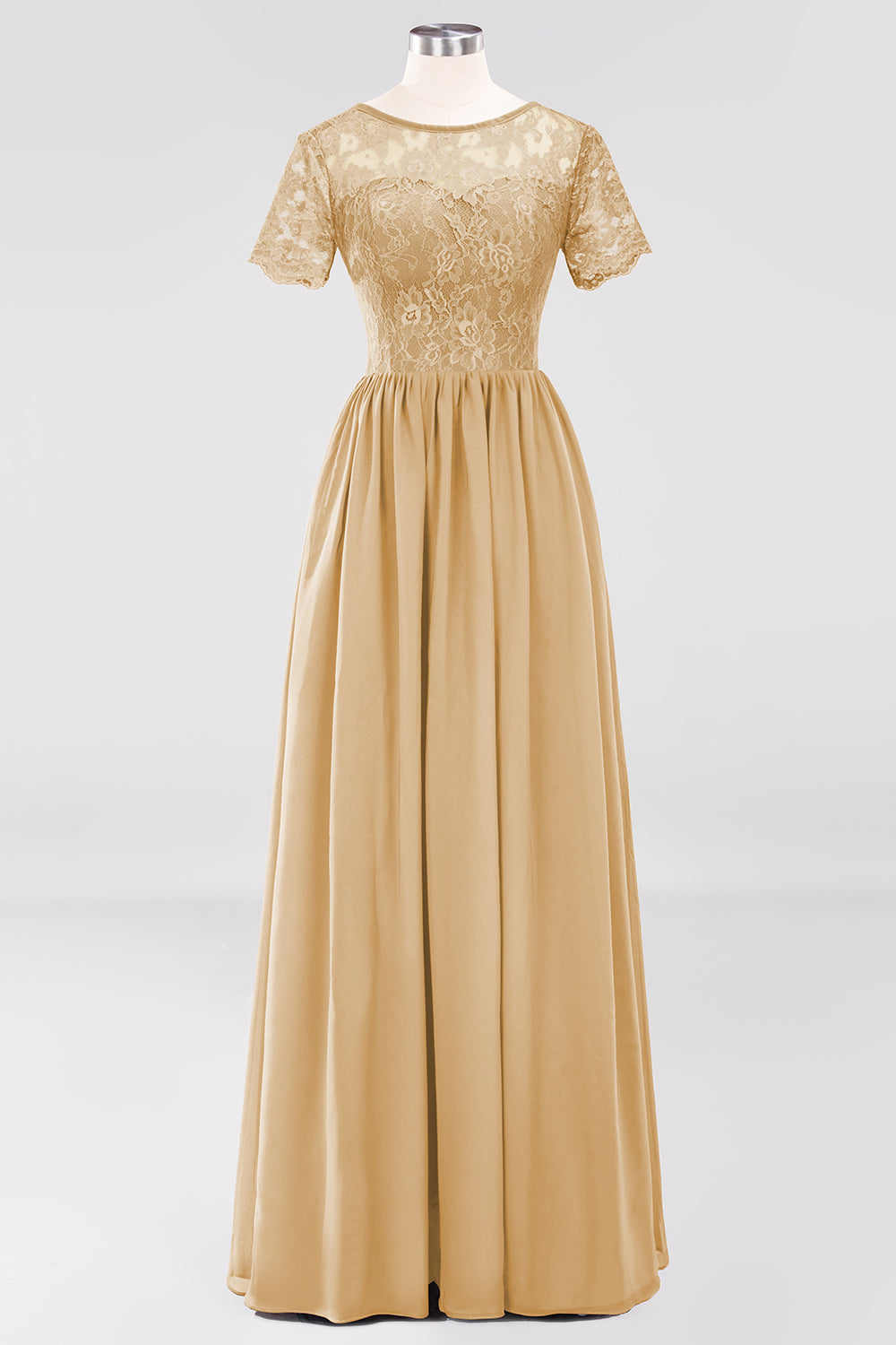 Elegant Dark Navy Long Lace Bridesmaid dresses with Short-Sleeves - Fashionpara