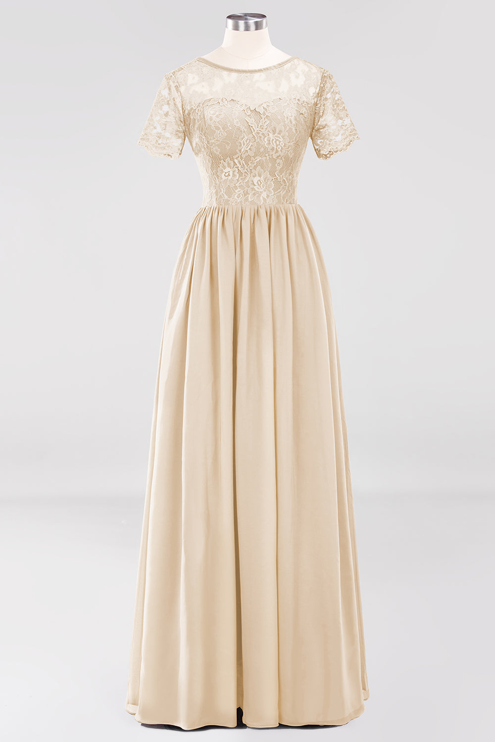 Elegant Dark Navy Long Lace Bridesmaid dresses with Short-Sleeves - Fashionpara