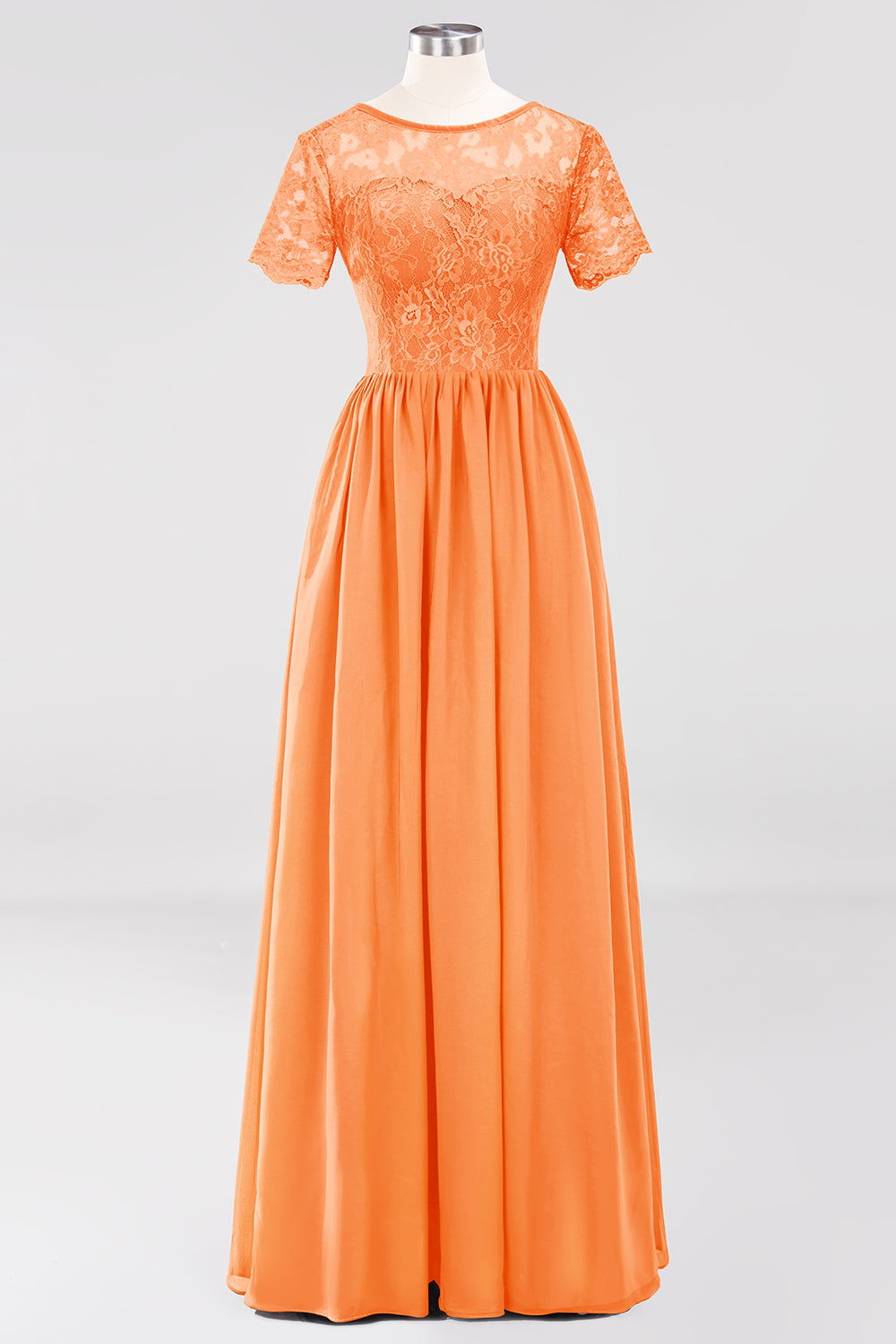 Elegant Dark Navy Long Lace Bridesmaid dresses with Short-Sleeves - Fashionpara